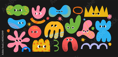 Abstract shape character. Naive amorphous objects with funny faces. Colorful childish figures, cloud, star, wavy shapes for kids game. Retro simple forms. Doodle vector set