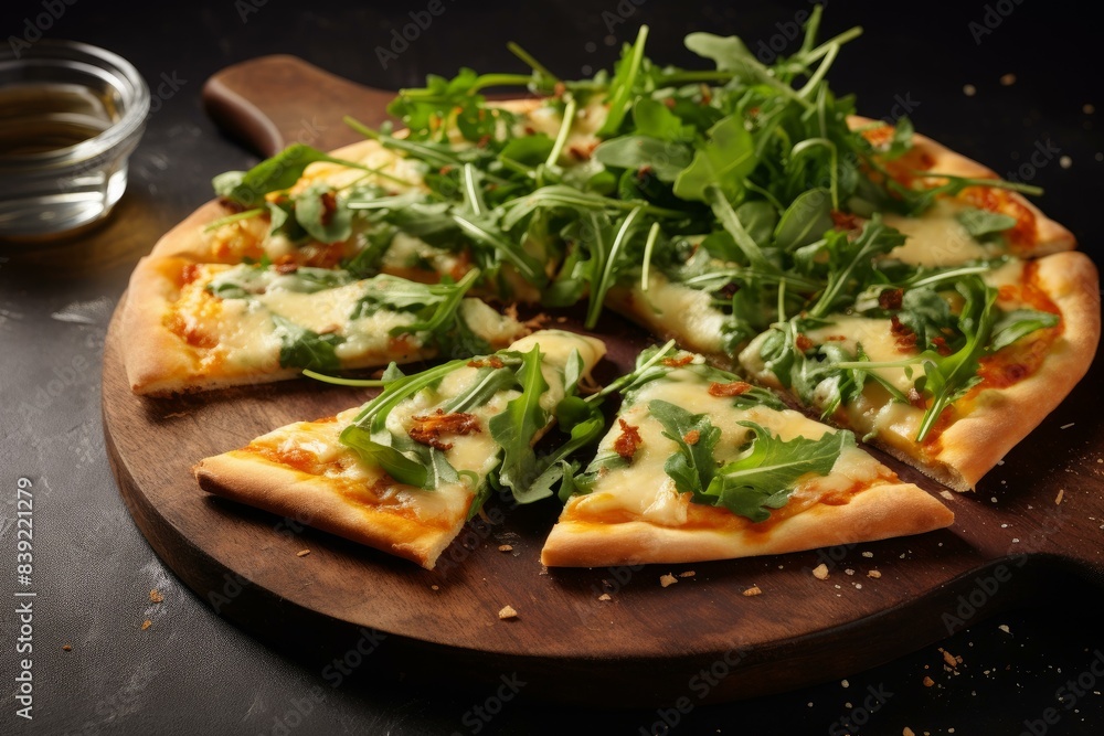 Gourmet pizza with mozzarella and arugula on a rustic wooden cutting board Gourmet pizza with mozzarella and arugula on a rustic wooden cutting board