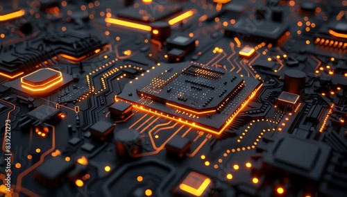a highly detailed computer circuit board with glowing components and chips
