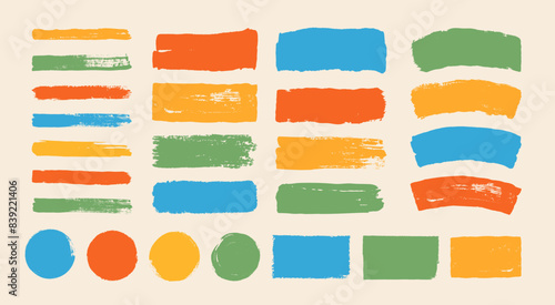 Brushes. Hand drawn painted strokes, box, bubble. Colorful texture paint frames. Grunge pen elements, marker shapes. Abstract brushes frames for text banner for design. Vector set