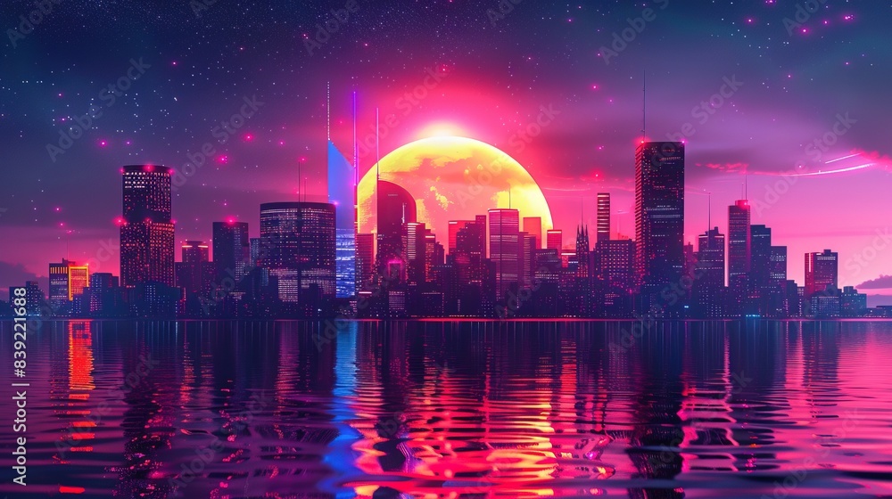 Fototapeta premium Glowing neon light synthwave cityscape background 