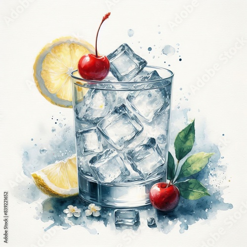 A delicate watercolor-style illustration of a Tom Collins cocktail, featuring a clear drink with ice cubes, a lemon slice, and a cherry in a highball glass. The composition is surrounded by fresh cher photo