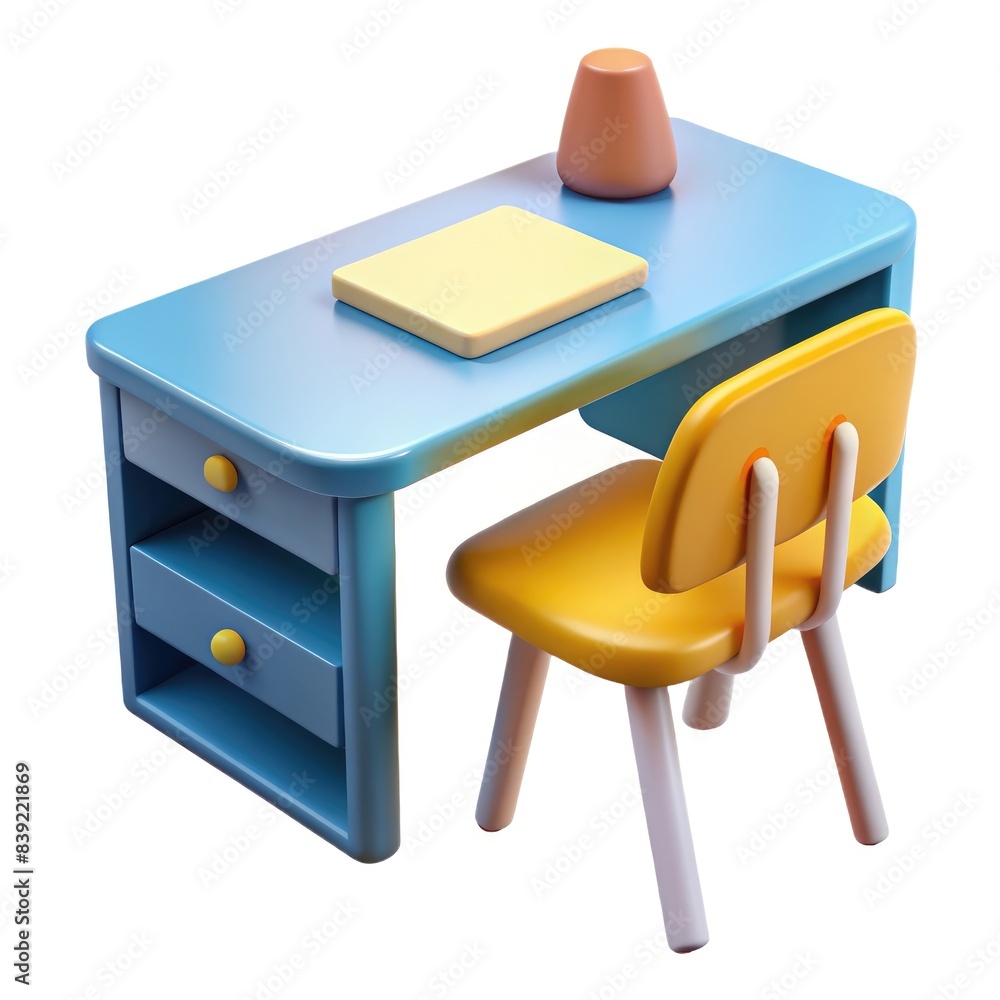 Office desk with yellow chair and accessories, 3D illustration, modern design Office desk with yellow chair and accessories, 3D illustration, modern design