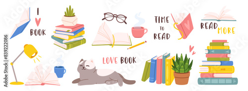 Reading and book. Cartoon colorful elements reading lovers. Open books, stack book, cozy atmosphere, houseplant sleeping cat, glasses cup of tea. Vector set
