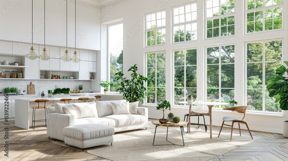 Beautiful living room and dining area in an apartment with white walls, wooden floor and modern furniture, large window overlooking the garden. Beautiful living room and dining area in an apartment with white walls, wooden floor and modern furniture, large window overlooking the garden.