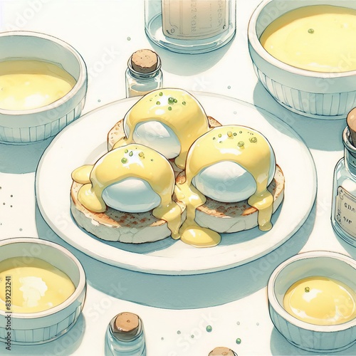 A charming watercolor-style illustration of Eggs Benedict, featuring poached eggs with hollandaise sauce on an English muffin. The scene includes various bowls of sauce, creating a delightful breakfas photo
