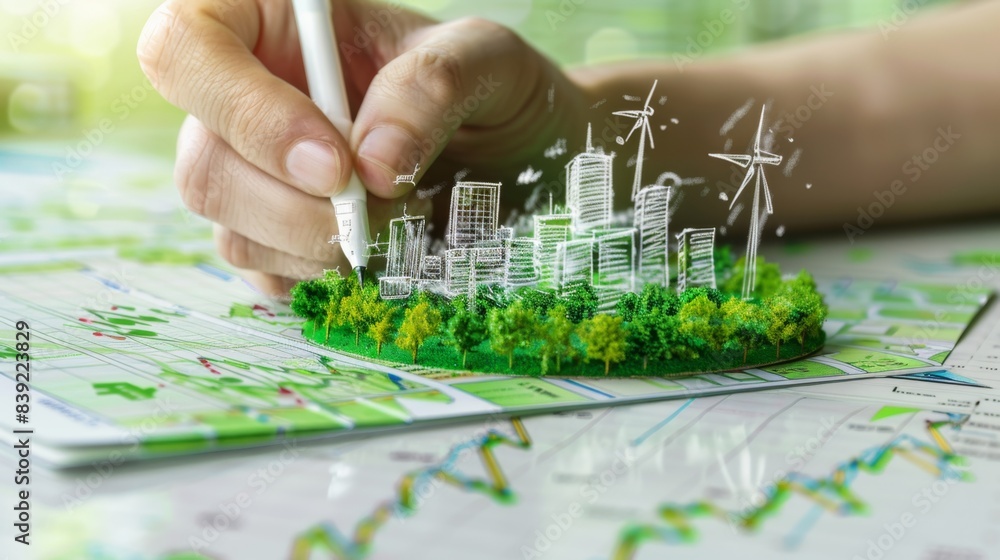 Draw green city on paper,Hand-Drawn Sustainable Urban Landscape with Wind Turbines on a Graph Chart Background Draw green city on paper,Hand-Drawn Sustainable Urban Landscape with Wind Turbines on a Graph Chart Background