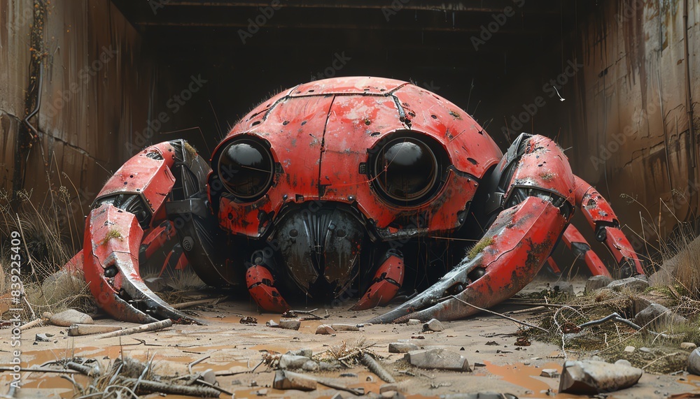 Fototapeta premium Produce a visually striking, wide-angle shot of robotic street art, capturing unexpected angles and dynamic perspectives