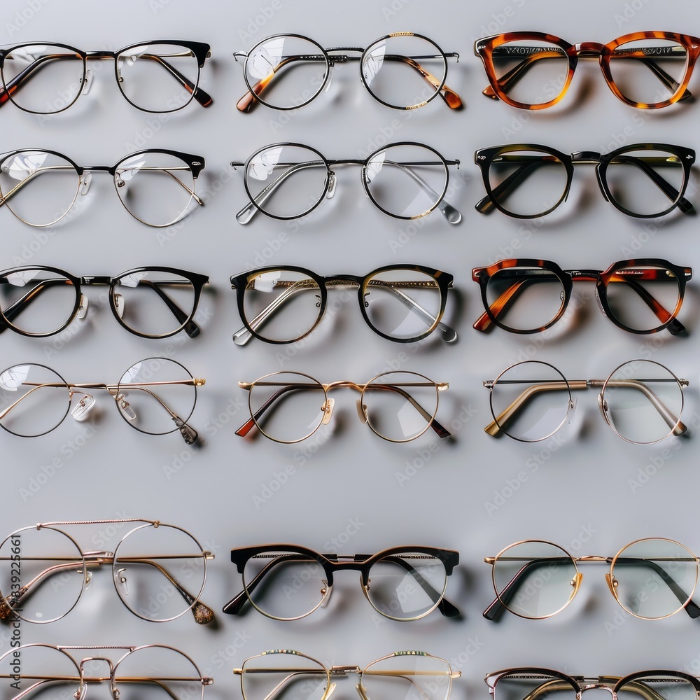 Many glasses on light grey background, different eyewear, stylish eyeglasses set flat lay Many glasses on light grey background, different eyewear, stylish eyeglasses set flat lay