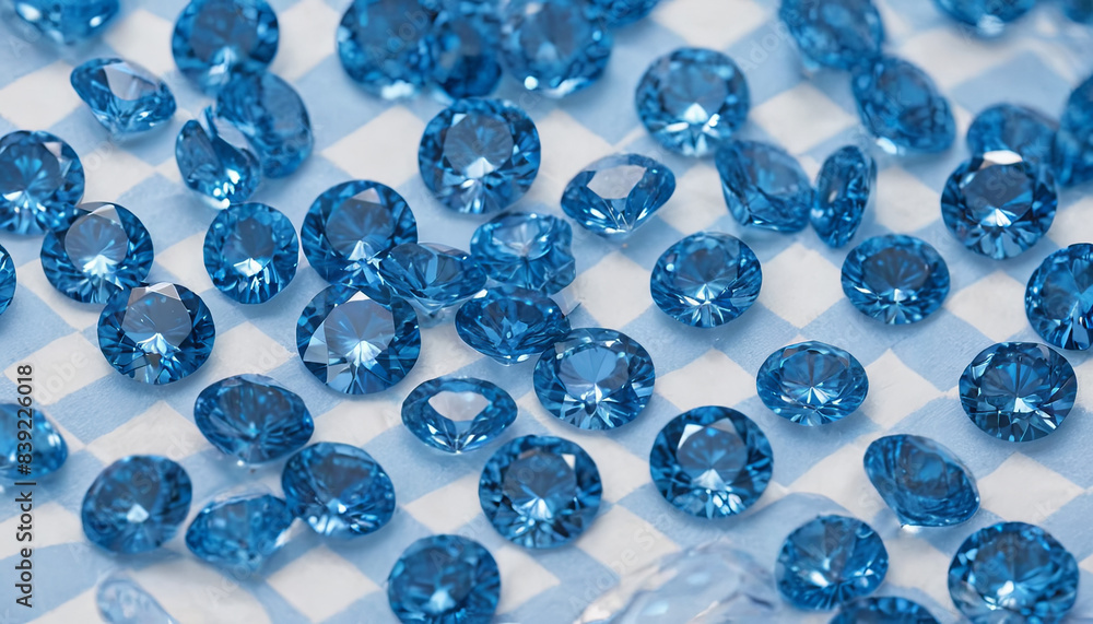 A close-up image showcasing several blue diamonds scattered on a checkered surface A close-up image showcasing several blue diamonds scattered on a checkered surface