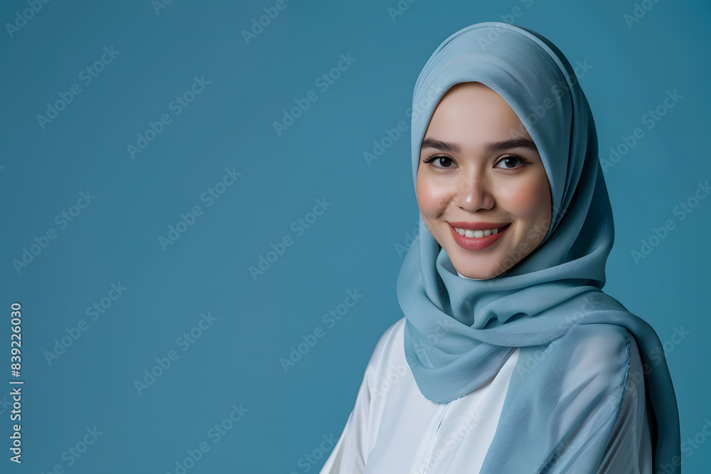 A young smiling muslim model standing in a plain blue color background wearing hijab A young smiling muslim model standing in a plain blue color background wearing hijab
