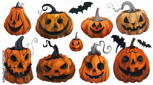 Set of colourful decorated halloween pumpkins with spooky smiles on white background. Main symbol of Happy Halloween holiday