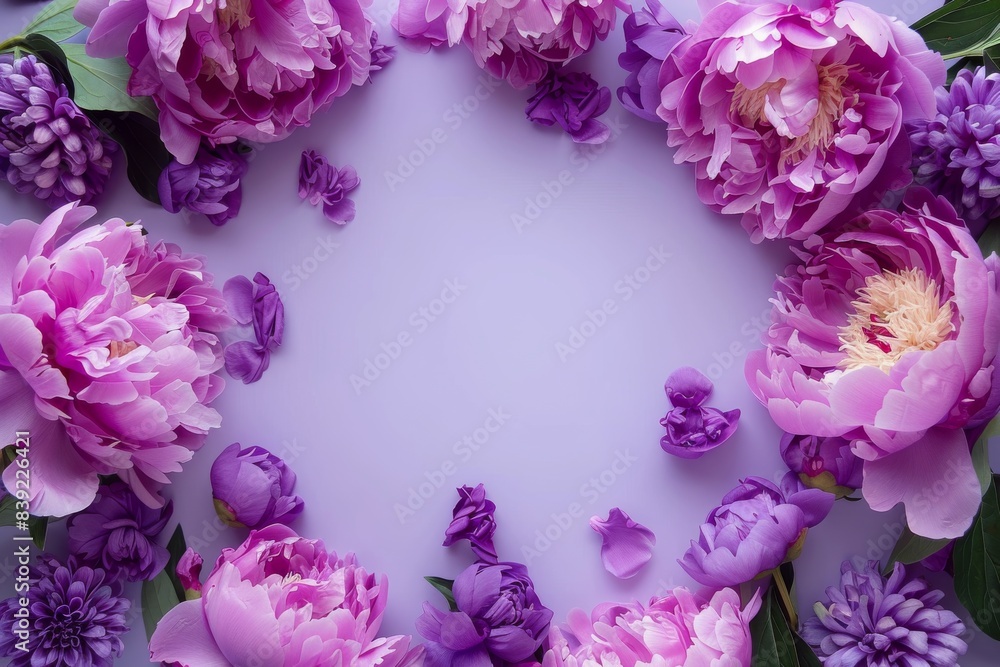 Empty lilac purple peony flowers frame on graceful lilac background, for sign design Empty lilac purple peony flowers frame on graceful lilac background, for sign design