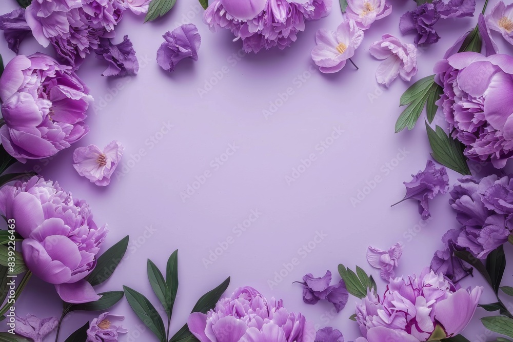 Empty lilac purple peony flowers frame on graceful lilac background, for sign design Empty lilac purple peony flowers frame on graceful lilac background, for sign design