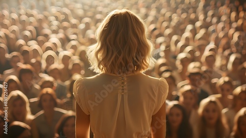 A blonde woman in her late thirties with shoulder-length hair wearing white giving an overhead speech to thousands of people, movie still, warm tones, bright and airy atmosphere.