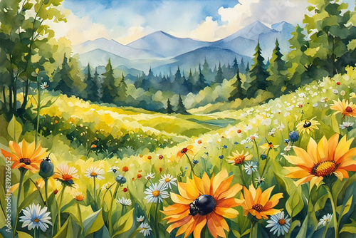 Ai paesaggio con fiori gialli e coccinelle 01