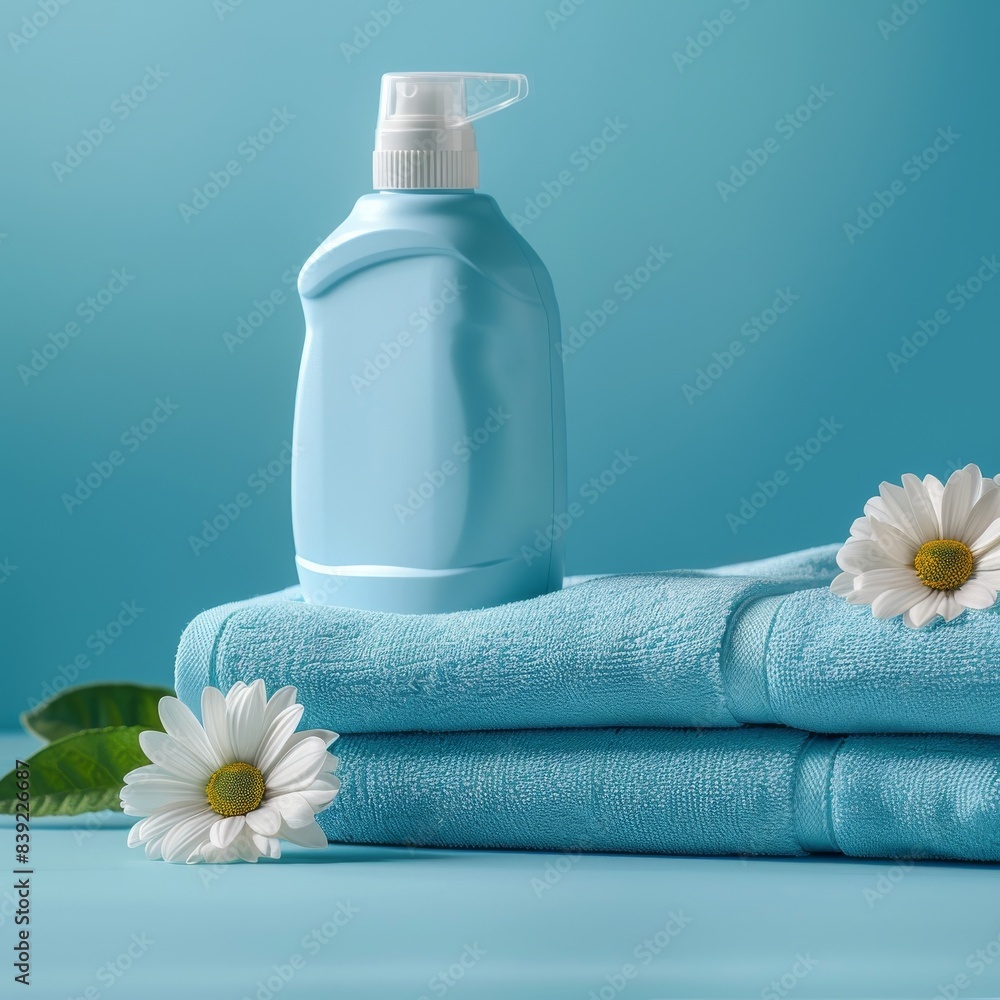 Fabric softener advertising design, conditioner bottle and soft clean towels banner on color background Fabric softener advertising design, conditioner bottle and soft clean towels banner on color background