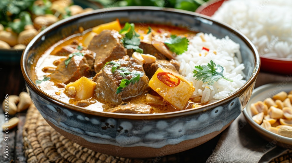 A bowl of rich and creamy Thai massaman curry with tender beef, potatoes, and roasted peanuts, served with jasmine rice A bowl of rich and creamy Thai massaman curry with tender beef, potatoes, and roasted peanuts, served with jasmine rice