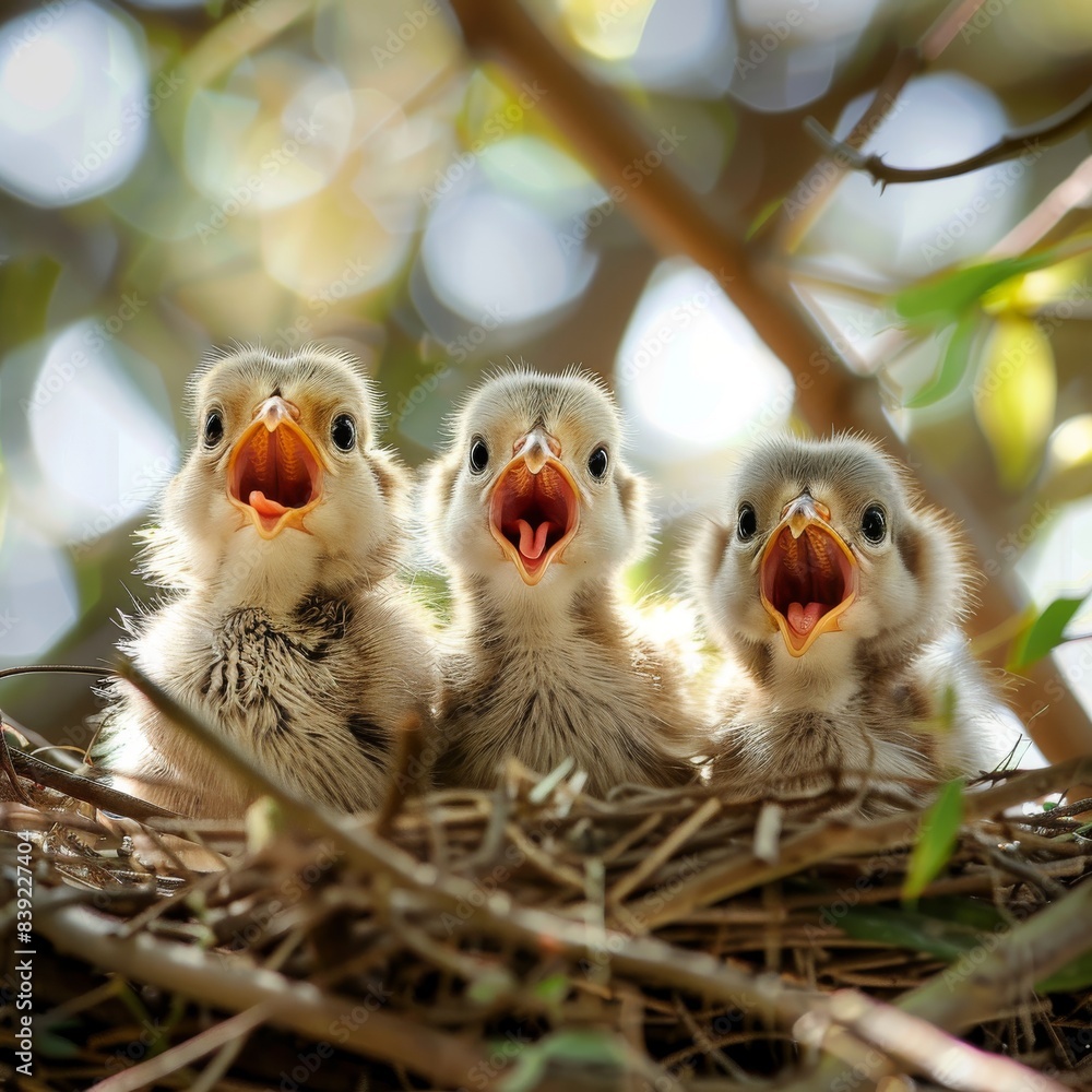 Chicks in nest, hungry baby birds are asking for food, young chicks in birdhouse springtime Chicks in nest, hungry baby birds are asking for food, young chicks in birdhouse springtime