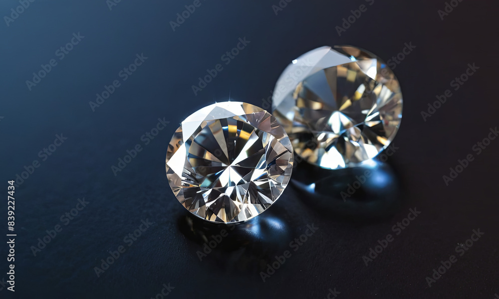 Two round cut diamonds rest on a dark blue surface Two round cut diamonds rest on a dark blue surface