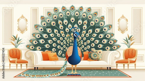 A peacock vacuuming the carpet, with its feathers spread out behind, in a luxurious living room with elegant furniture. Flat color illustration, shiny, Minimal and Simple,