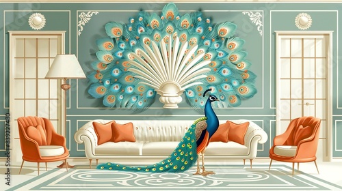 A peacock vacuuming the carpet, with its feathers spread out behind, in a luxurious living room with elegant furniture. Flat color illustration, shiny, Minimal and Simple,
