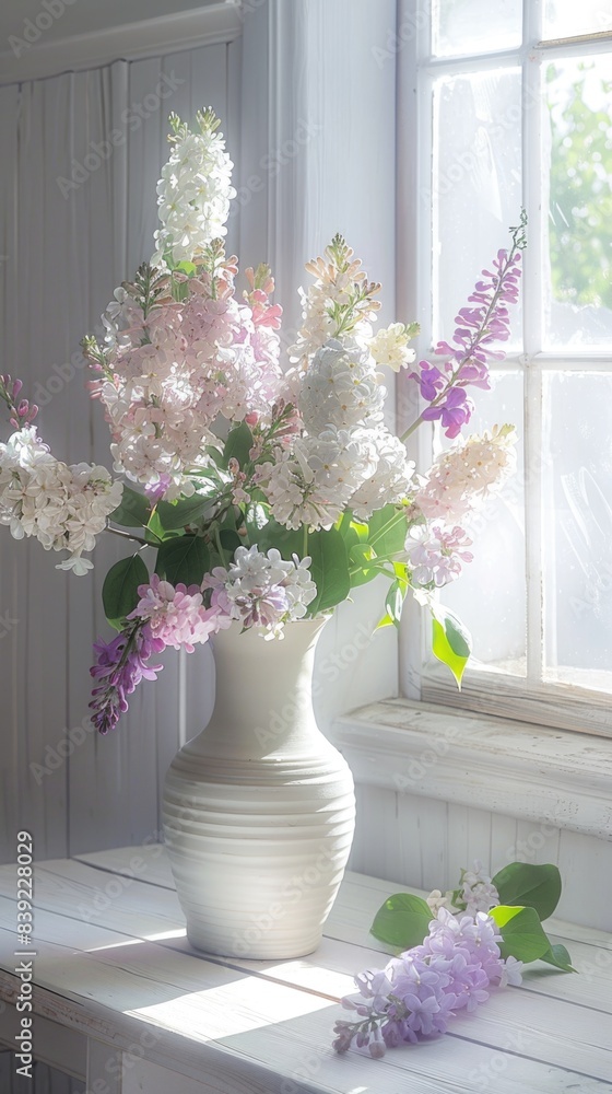 lilac foxglove flowers in white vase interior home decoration, ai lilac foxglove flowers in white vase interior home decoration, ai