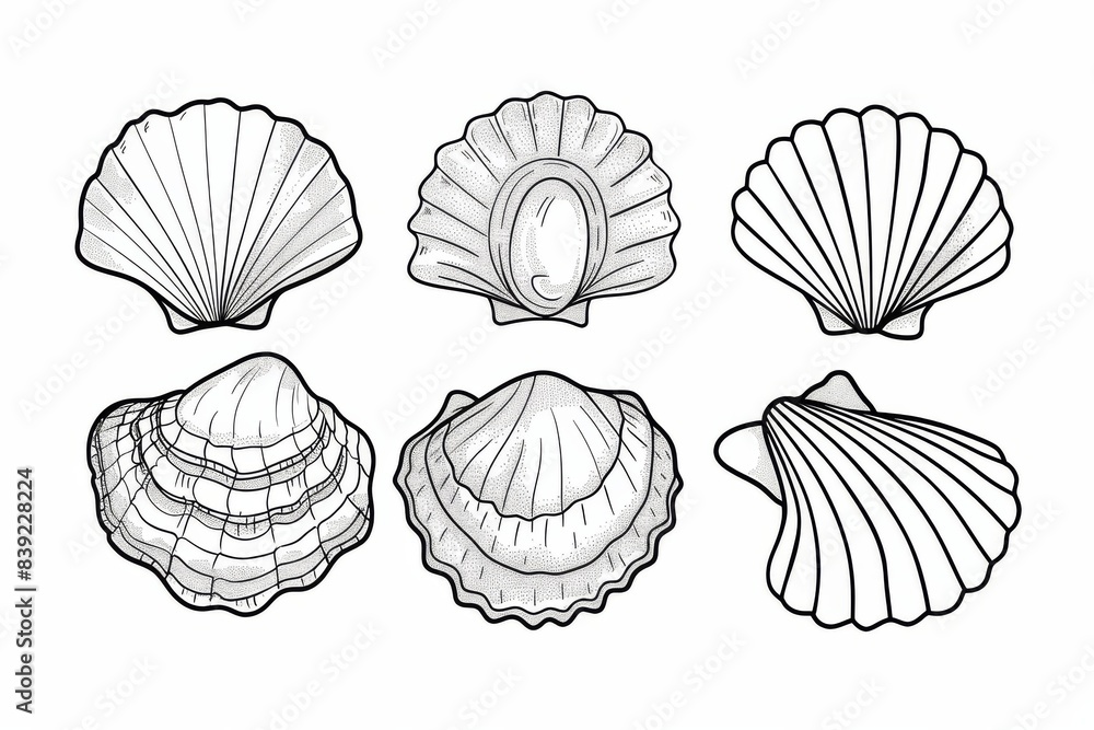 Coloring book page with set of sea shells in different shapes, simple ...