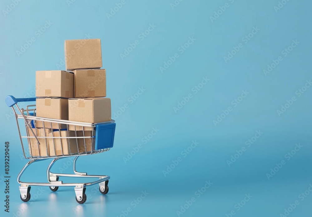 A blue backdrop featuring a toy shopping cart loaded with boxes. Space for text or design, symbolizing sales, discounts, shopping, and delivery trends in consumer society. A blue backdrop featuring a toy shopping cart loaded with boxes. Space for text or design, symbolizing sales, discounts, shopping, and delivery trends in consumer society.