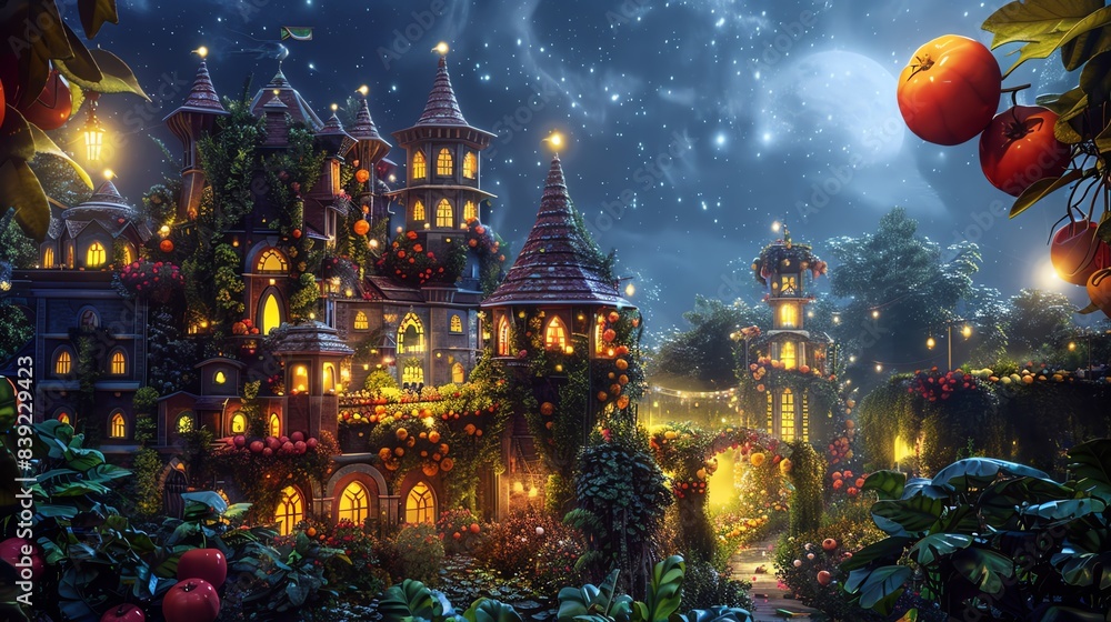 Obraz premium Low-angle view of a grand kingdom made entirely of exotic fruits and vegetables