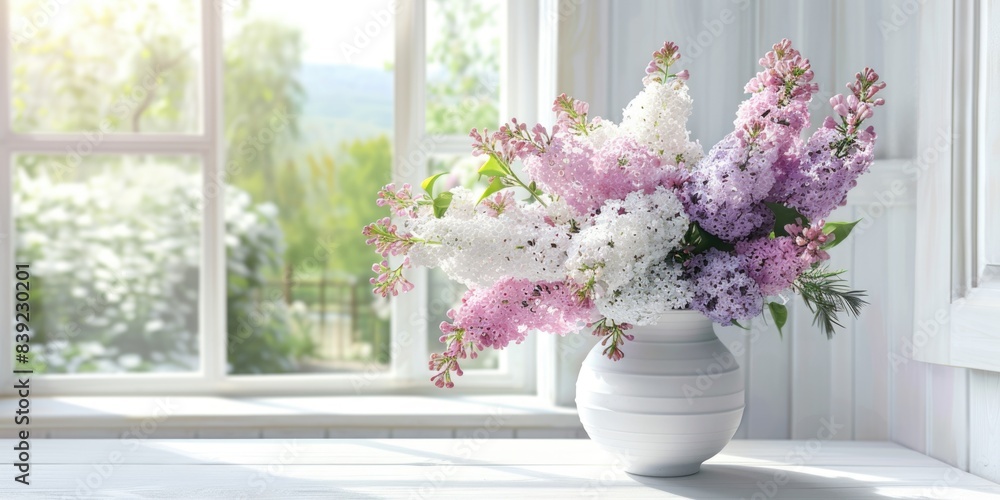 lilac foxglove flowers in white vase interior home decoration, ai