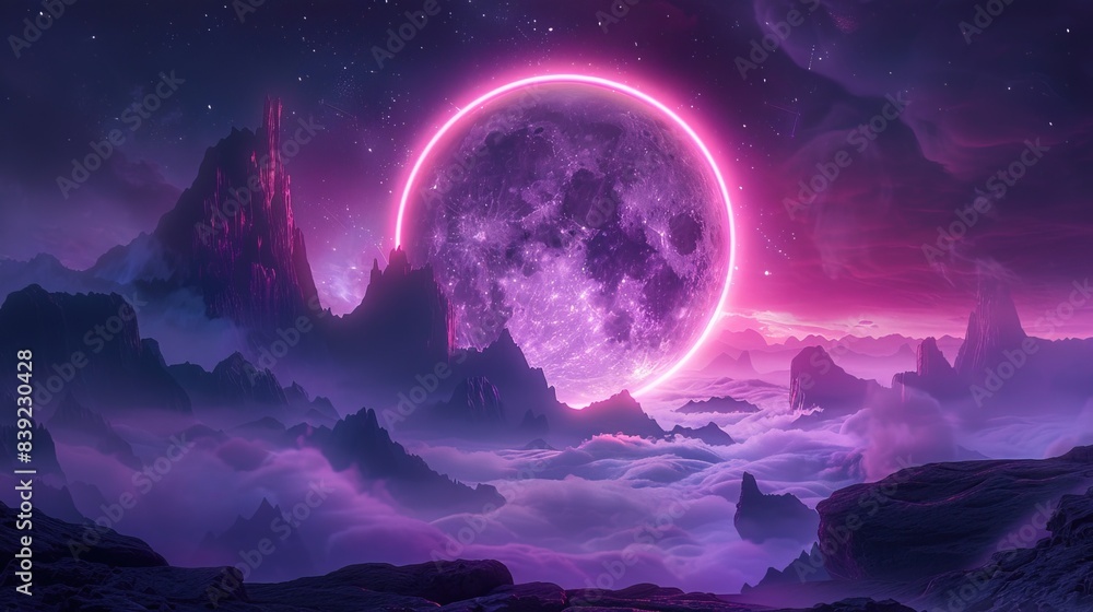 Abstract fantasy circle neon space landscape. Star nebulae, month and moon, mountains, fog. Unreal fantasy world Abstract fantasy circle neon space landscape. Star nebulae, month and moon, mountains, fog. Unreal fantasy world