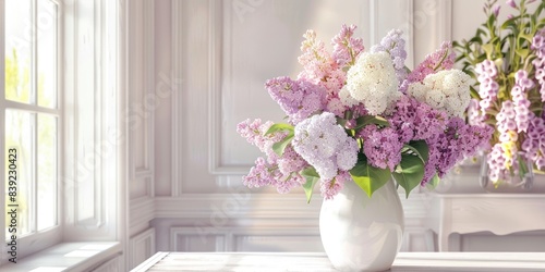 lilac foxglove flowers in white vase interior home decoration, ai
