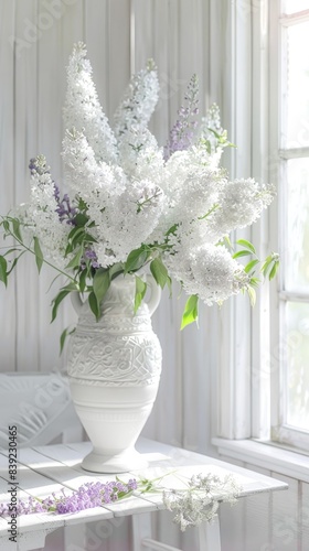 lilac foxglove flowers in white vase interior home decoration  ai