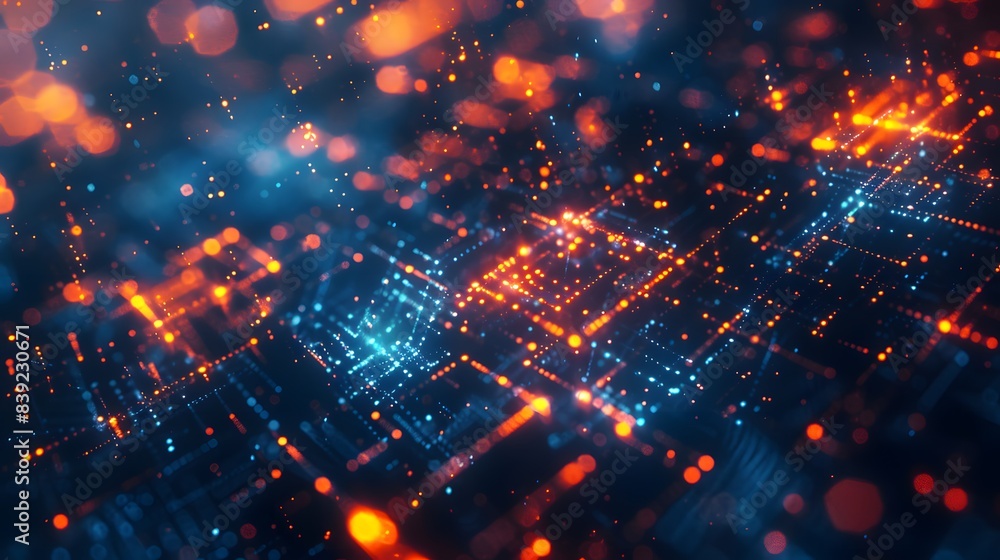 Fototapeta premium A digital background featuring an array of glowing, translucent code elements floating in the air against a dark blue and orange lighting. technological innovation and complexity.