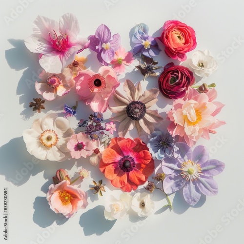 top shot flatlay flowers on white background with shadows  ai