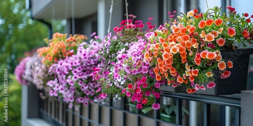 Realistic photo of potted flowers hanging on a condo balcony. Concept Balcony Gardening, Urban Flora, Potted Plants, Condo Decor, Flower Arrangement