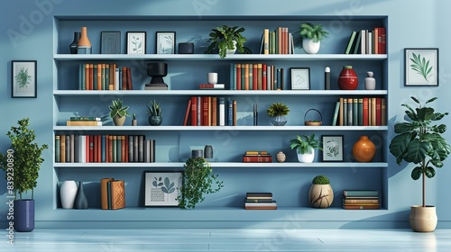 A modern bookshelf with open shelves and a minimalist design, housing a curated collection of books, decorative objects, and plants. Flat color illustration, shiny, Minimal and Simple, © DARIKA