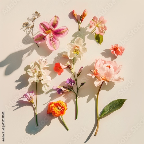 top shot flatlay flowers on white background with shadows, ai