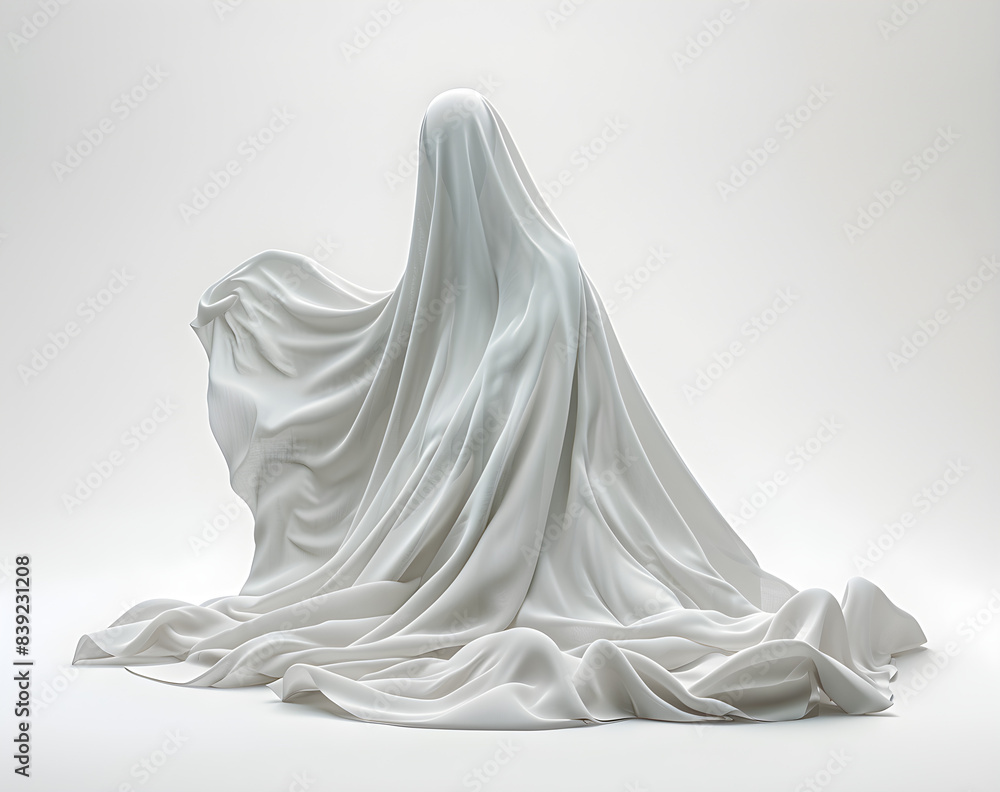 Halloween ghost on white background, spooky and haunting spirit figure for holiday decoration or costume Halloween ghost on white background, spooky and haunting spirit figure for holiday decoration or costume