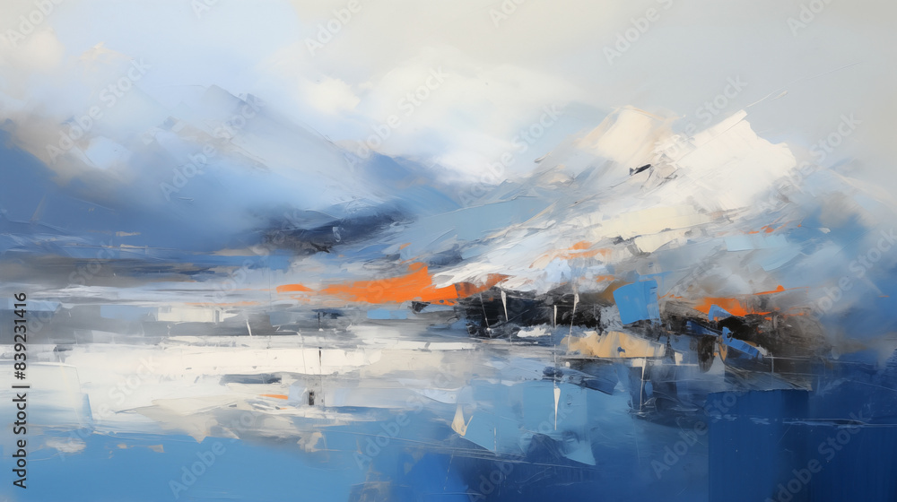 Abstract landscape art with mountains and water, calming atmosphere Abstract landscape art with mountains and water, calming atmosphere