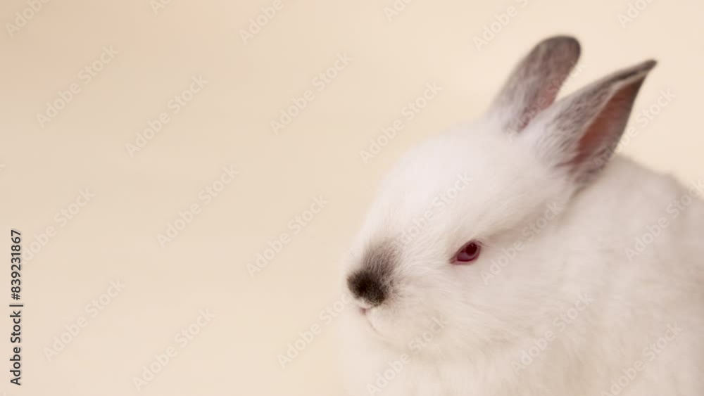 cute rabbit bunny isolated on beige backdrop,sitting inside house on blanket or playing in cardboard box. cute rabbit bunny isolated on beige backdrop,sitting inside house on blanket or playing in cardboard box.