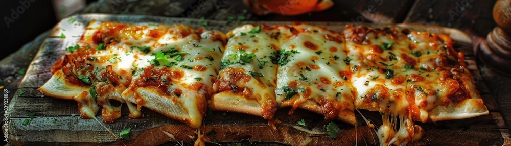 Freshly baked pizza on a rustic wooden board with melted cheese, herbs, and toppings, ready for a delicious meal. Freshly baked pizza on a rustic wooden board with melted cheese, herbs, and toppings, ready for a delicious meal.