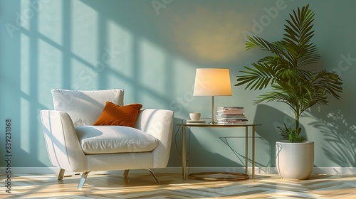 A sleek metal side table with a glass top, positioned next to the armchair to hold a reading lamp and a stack of magazines. Flat color illustration, shiny, Minimal and Simple, photo