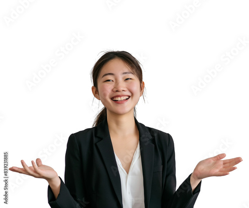 Young Japanese Businesswoman Presenting and Smiling on Transparent Background