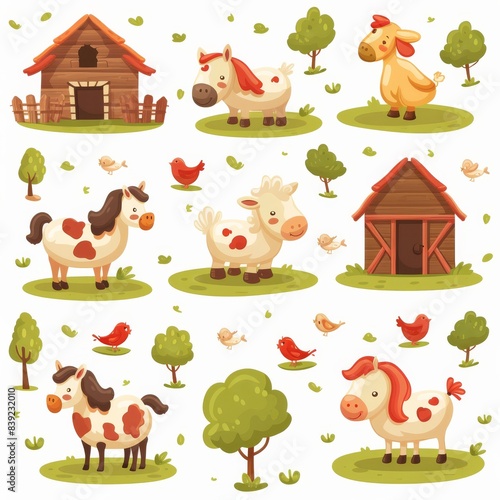 Cute farm animals illustration featuring cows, horses, birds, and barns in a whimsical, colorful style. Perfect for children's designs and decor.
