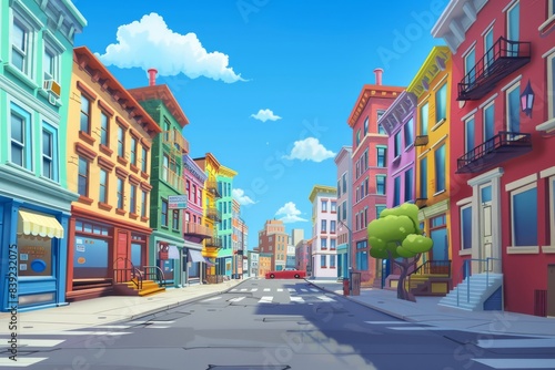 Wallpaper Mural panoramic view of an urban street with colorful buildings, sky blue background, cartoon style, low angle shot, wide lens, perspective, cartoon characters, 3d rendering, cartoon game scene, cartoon ani Torontodigital.ca