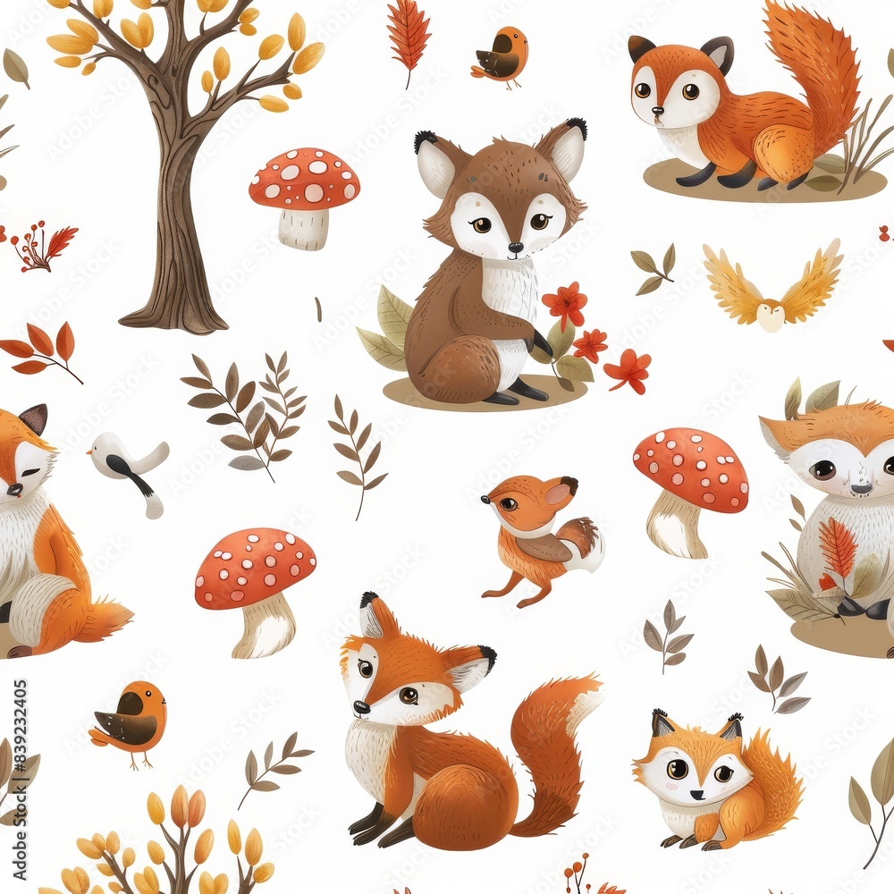 Cute woodland animals and nature elements seamless pattern including foxes, birds, mushrooms, and trees. Cute woodland animals and nature elements seamless pattern including foxes, birds, mushrooms, and trees.