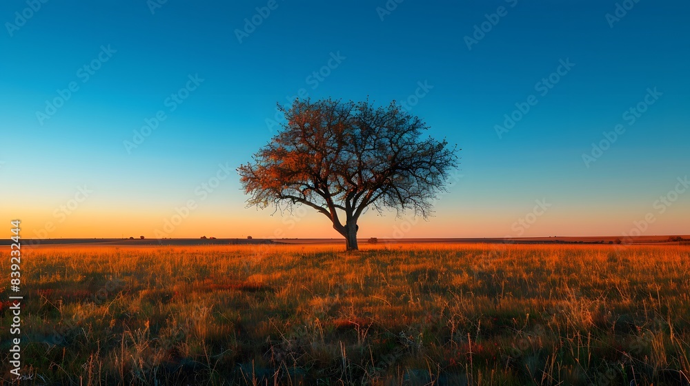 Fototapeta premium A lone tree stands tall in the middle of an open field, its branches reaching out towards the clear blue sky above it.This scene captures nature's beauty and tranquility in all their glory. 