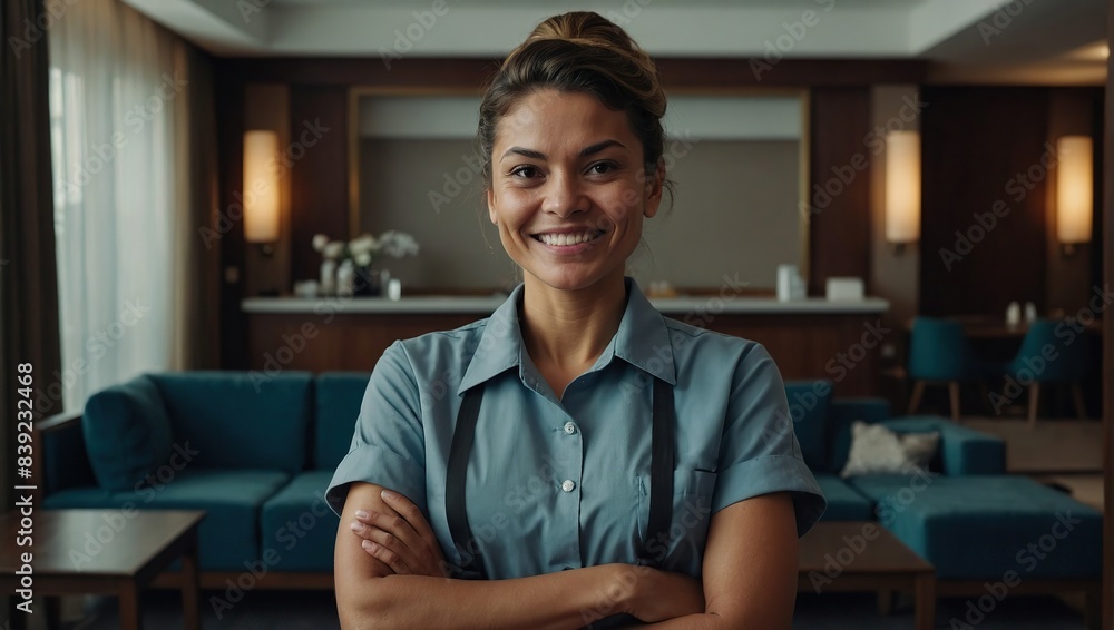 Fototapeta premium Portrait of happy hotel housekeeper with her arms crossed looking at camera